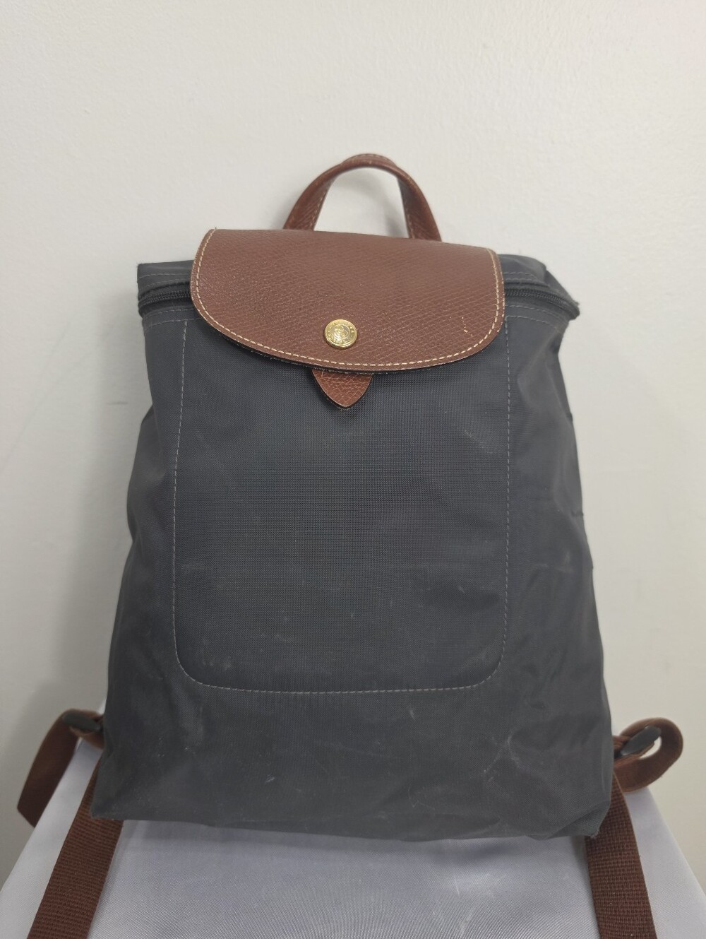 Longchamp Gray Nylon Backpack with Brown Leather Flap and Handle